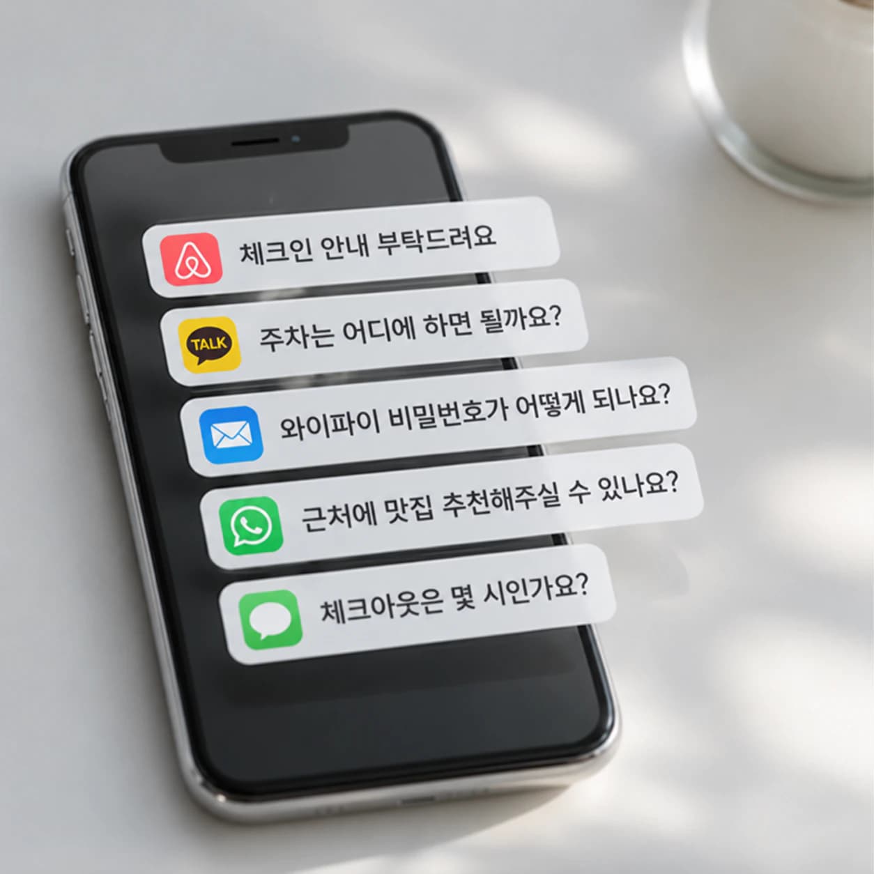 휴대폰으로 반복되는 숙소 문의를 받는 모습